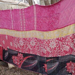 Kantha Quilt 2 Layer Pink Black Red 54" x 90" Thin Cotton Handmade K92.